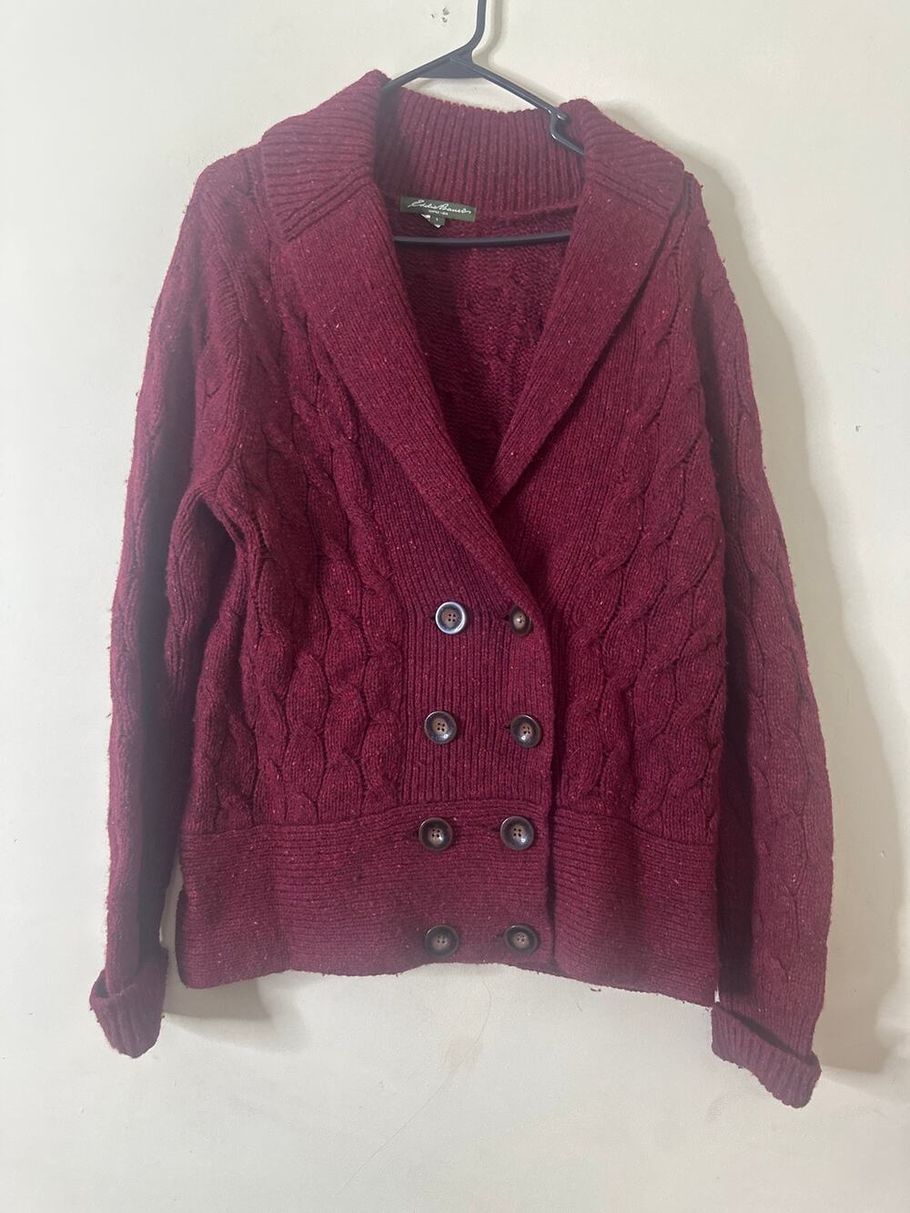 Eddie Bauer wool rabbit hair blend chunky cable knit breasted sweater L c2